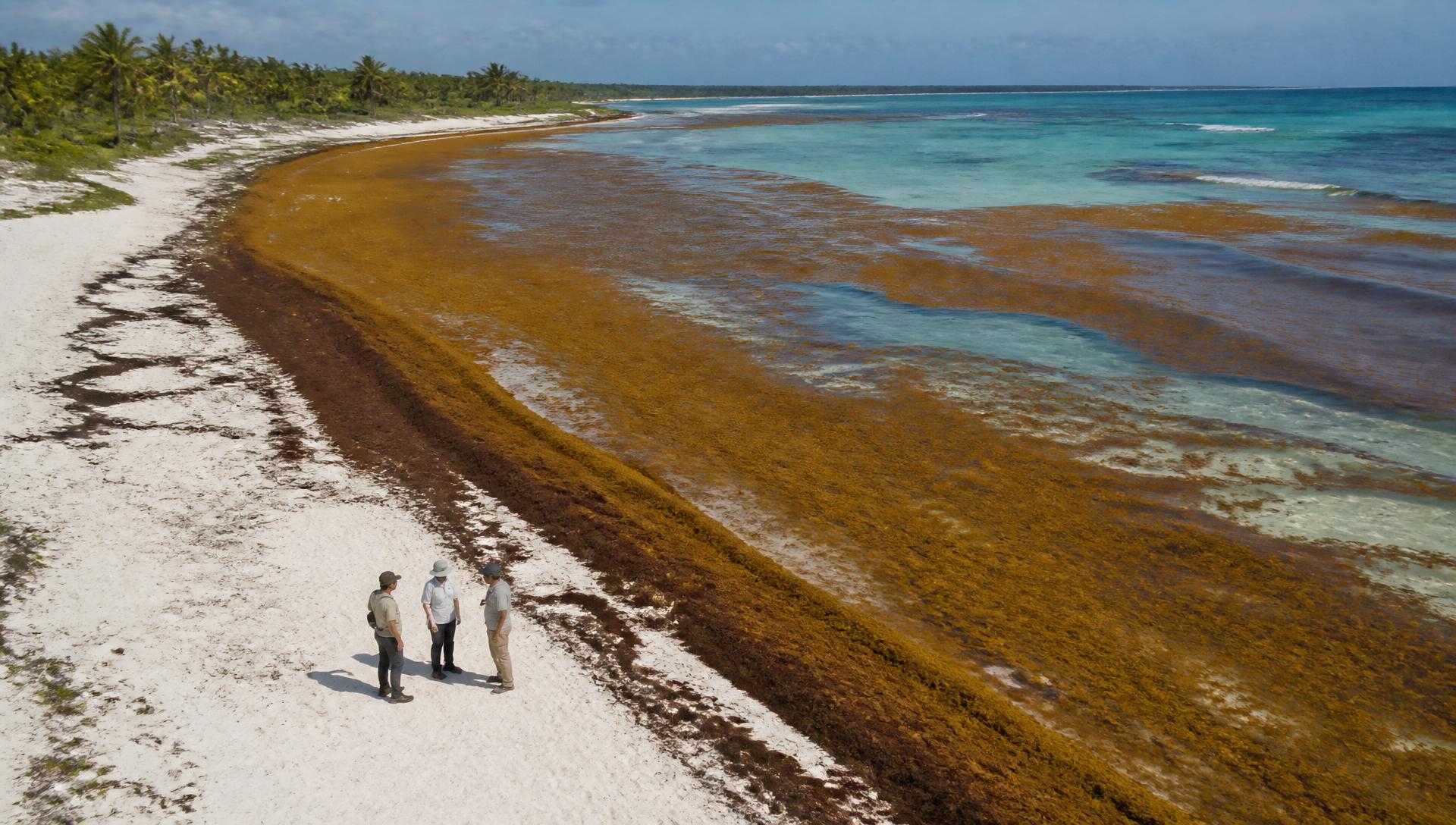 Aerial drone view of a Caribbean beach with sargassum accumulation and Thalasso team on the sand