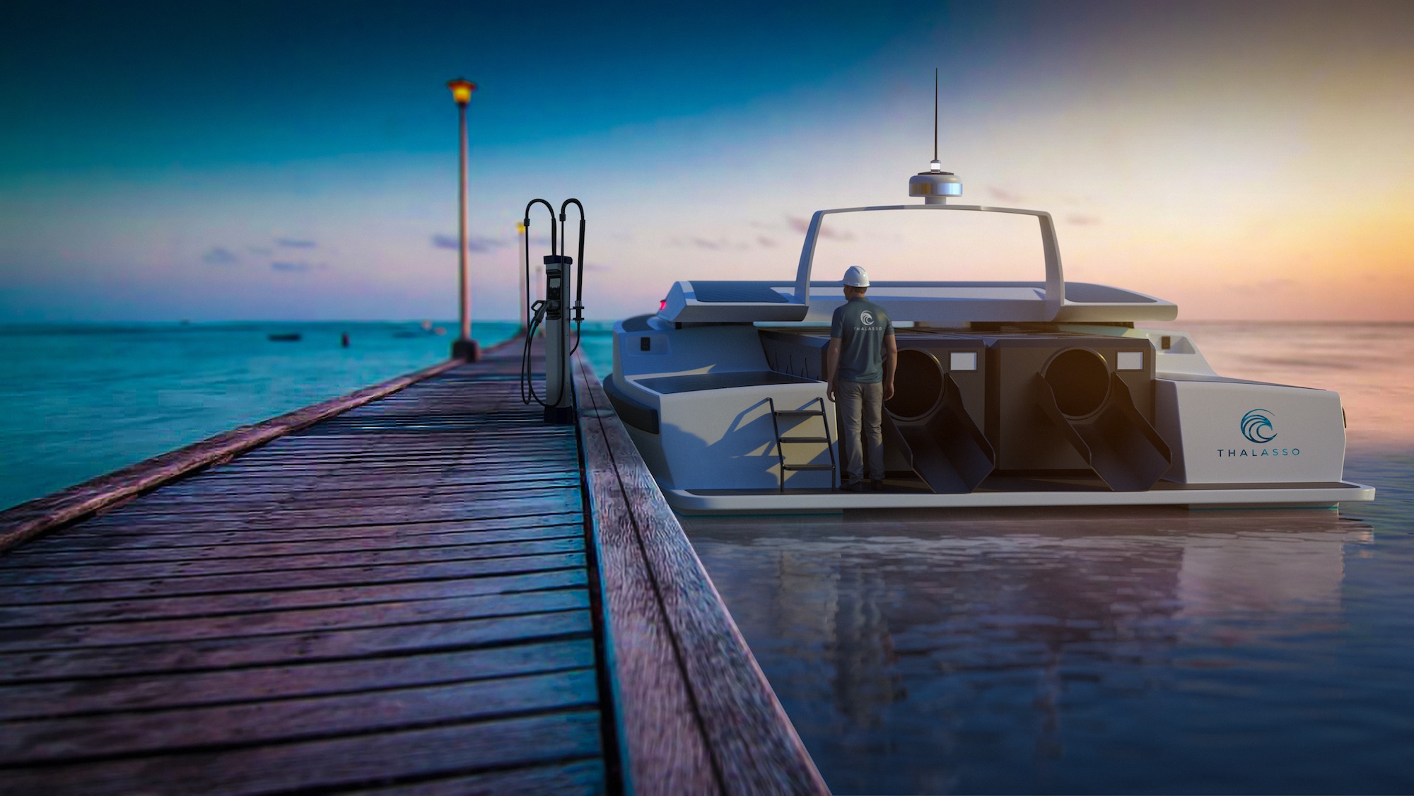 Thalasso harvester charging at pier at dusk