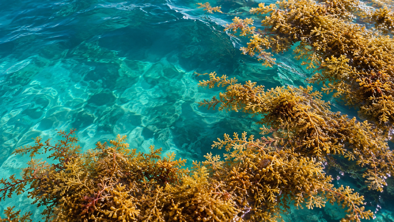 Golden sargassum floating in clear turquoise water — Thalasso presentation